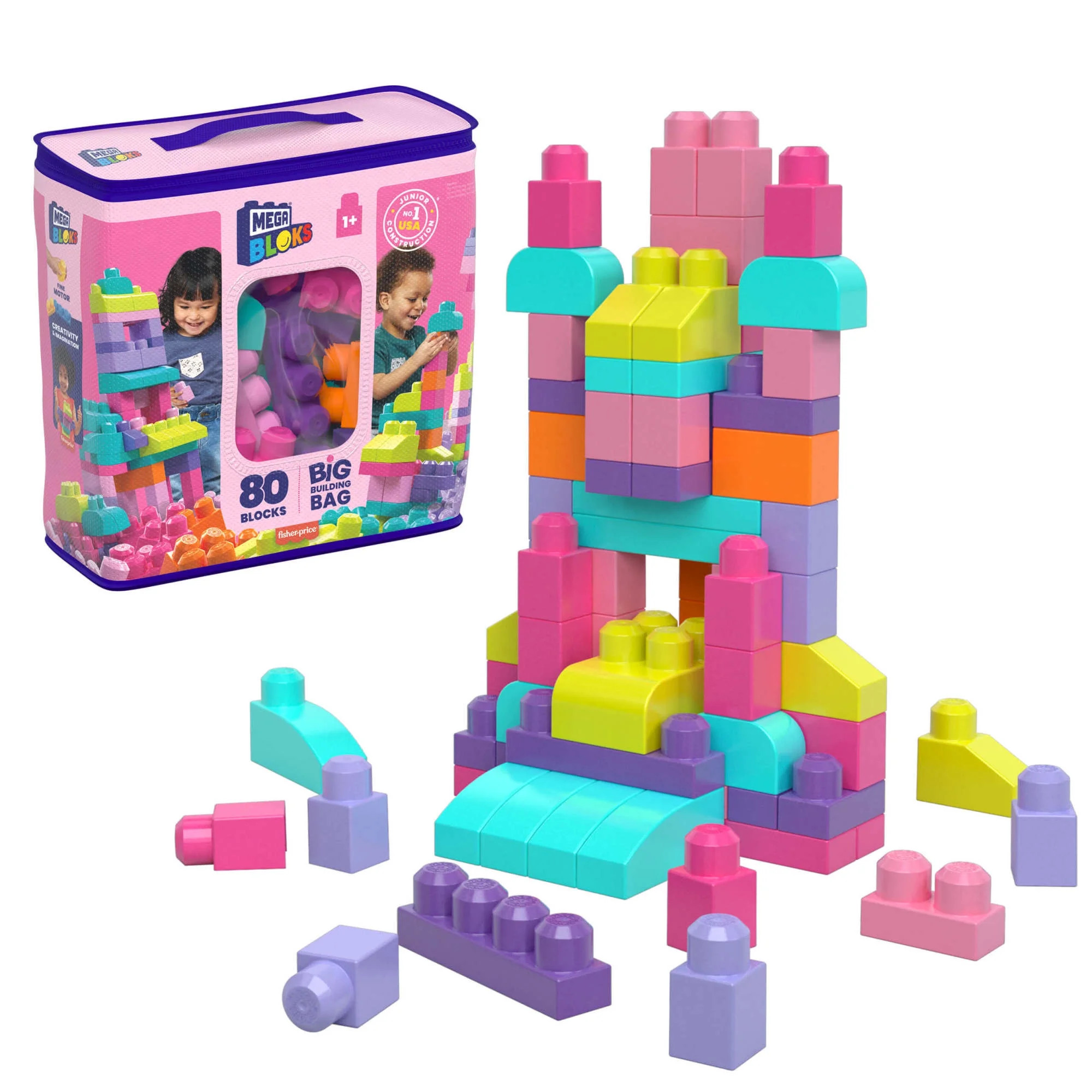 MEGA BLOKS Fisher-Price Toy Blocks Pink Big Building Bag with Storage (80 Pieces) for Toddler, Pi... | Walmart (US)