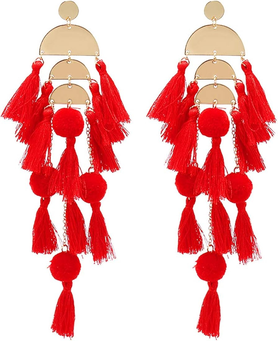 Long Tassel Earrings Statement Fringe Drop Bohemian Earrings Big Dangle for Women Fashion | Amazon (US)