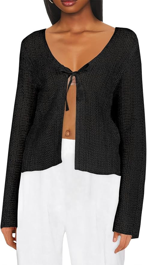 Saodimallsu Womens Summer Crochet Lightweight Cardigans Tie Front Mesh Knit Long Sleeve Casual V ... | Amazon (US)