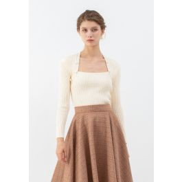 Buttons Decorated Square Neck Knit Top in Cream | Chicwish