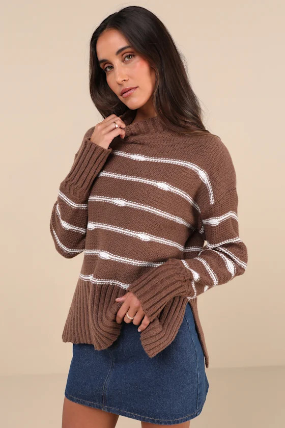 Cuddly Delight Brown Striped Mock Neck Pullover Sweater | Lulus