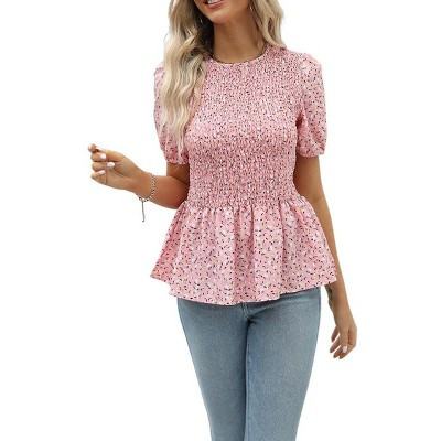 Women's Floral Smocked Peplum Blouse Puff Short Sleeve Ruffle Hem Top Summer Casual Boho Blouse Pink L | Target