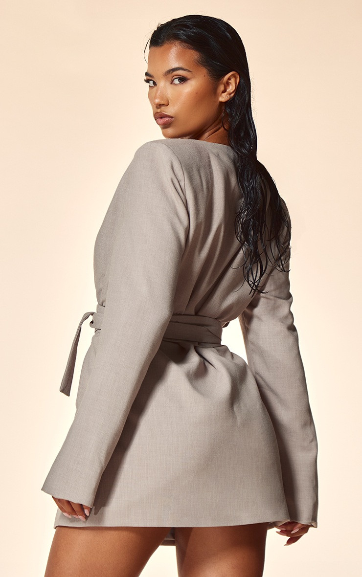 PLT Label Light Grey Strap Detail Cross Over Oversized Blazer Dress | PrettyLittleThing UK