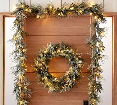 Pre-Lit Faux Flocked Pine Wreath & Garland | Pottery Barn (US)