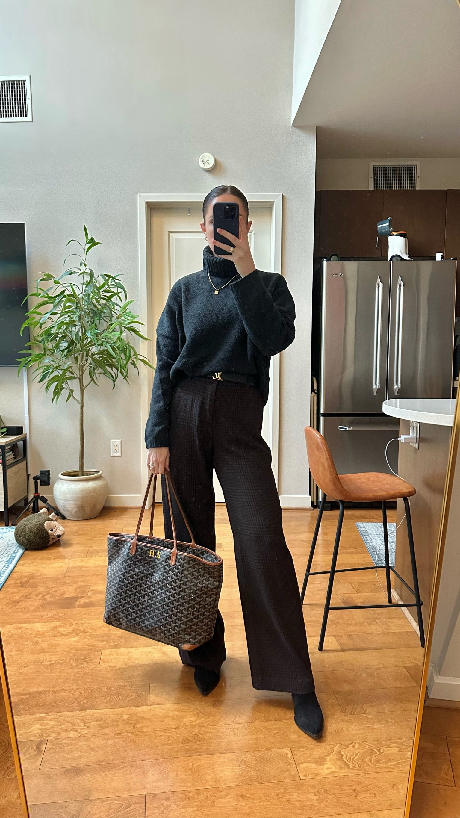 Black turtleneck sweater S
High rise checkered pant 26R
Point toed kitten heel booties 7.5
Designer belt
Goyard tote 

#LTKShoeCrush #LTKFindsUnder100 #LTKSaleAlert