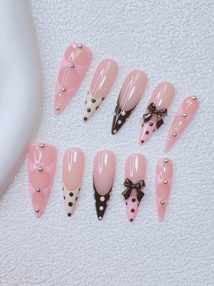 10pcs Y2K Nails Stiletto Press On Nails Set - Handcrafted, Pink Nails, Black Nails, Black And Pink French Tip Nails, Hand Drawn Polka Dot French Tip Style Design, Sparkling Rhinestone And Black Bow Accents, Delicate Graceful Nails Nail Supplies | SHEIN