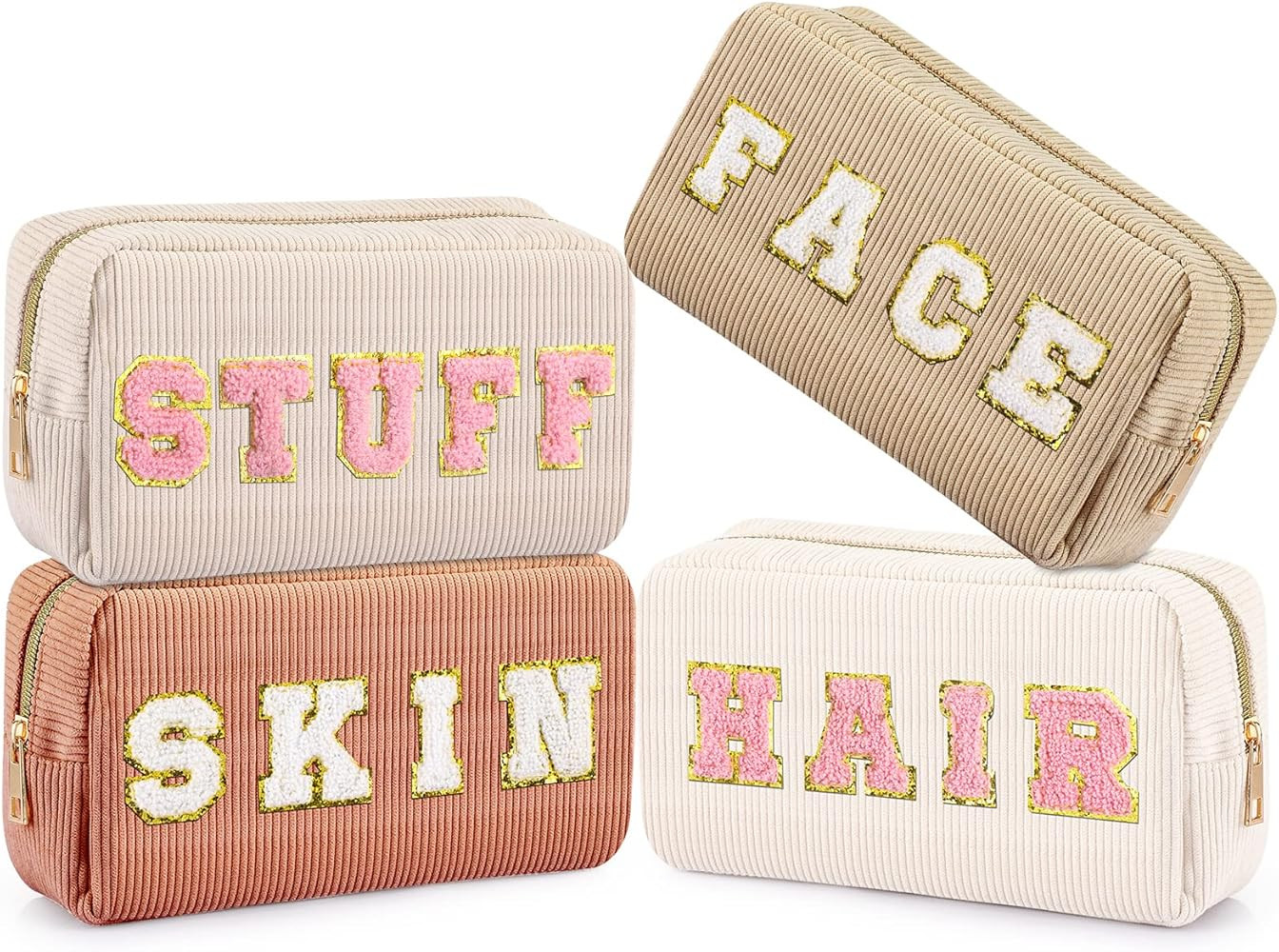 4 Pcs Preppy Patch Makeup Bag Corduroy Cosmetic Bag Makeup Accessories Skincare Bag Chenille Lett... | Amazon (US)