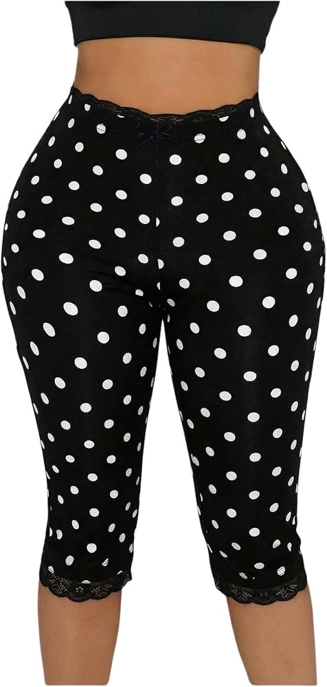 WDIRARA Women's Polka Dots Capris Pants Lace Trim Skinny Yoga Leggings | Amazon (US)