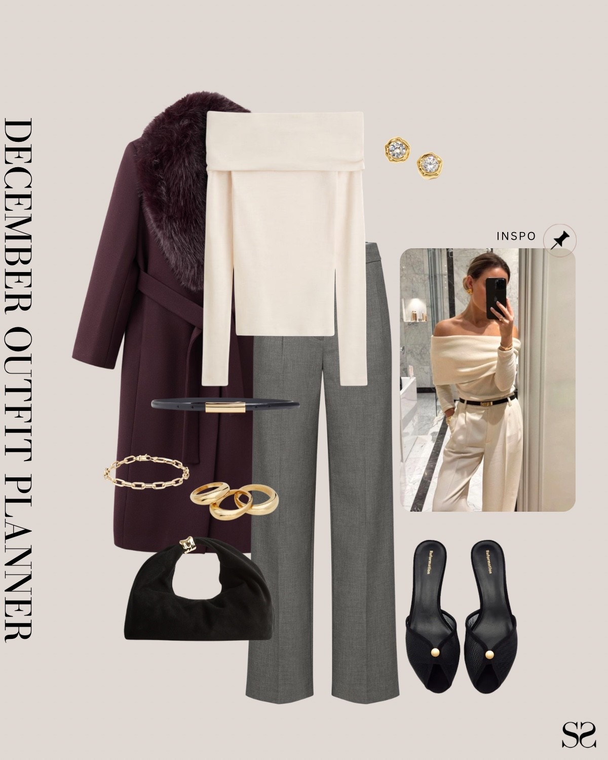 Monthly outfit planner DECEMBER: Winter outfits | off shoulder sweater, trousers, peep toe mule heels, burgundy coat 

#classicstyle #LTKstyletip #winteroutfit #newyearsoutfit #holidayoutfit 

Image inspo credit: Pinterest 

#LTKHoliday #LTKSeasonal #LTKootd