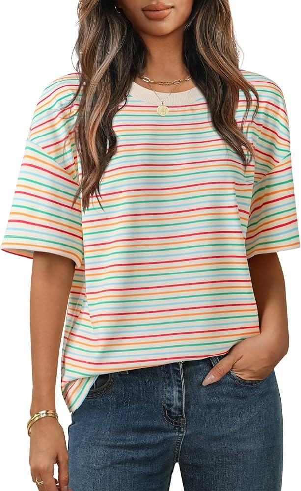 MEROKEETY Women's 2026 Summer Short Sleeve Tops Casual Colourful Striped Crewneck Loose Work T Sh... | Amazon (US)