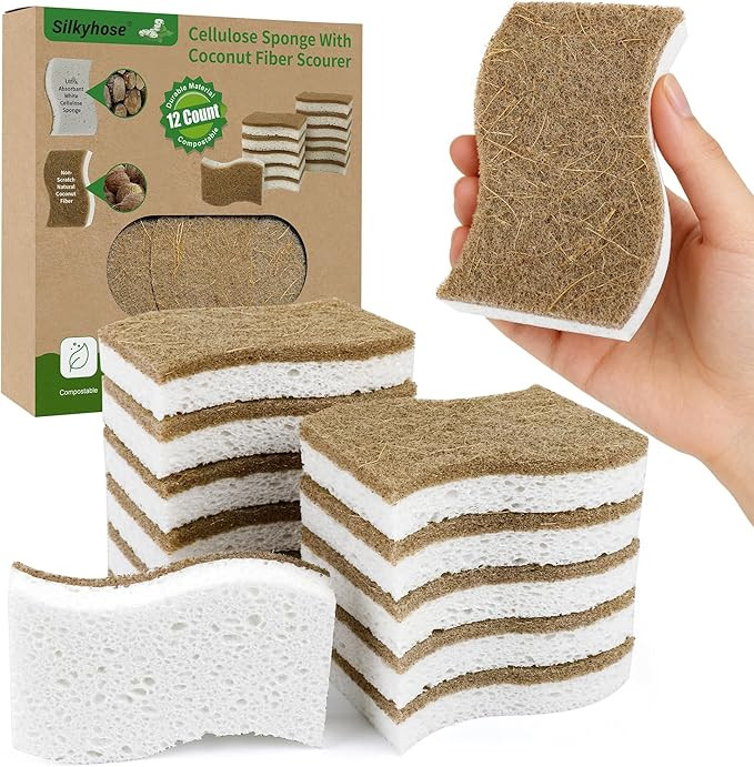 12 Pack Natural Kitchen Sponges, Biodegradable & Compostable | Non-Scratch Cellulose Coconut Fibe... | Amazon (US)