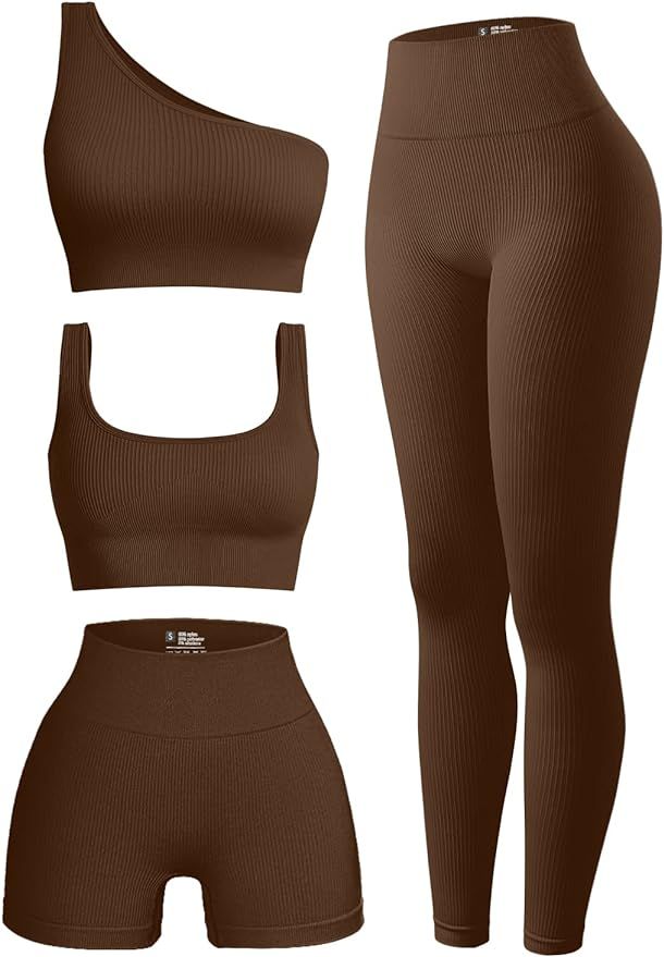 OQQ Women's 4 Piece Outfits Ribbed Exercise Scoop Neck Sports Bra One Shoulder Tops High Waist Sh... | Amazon (US)