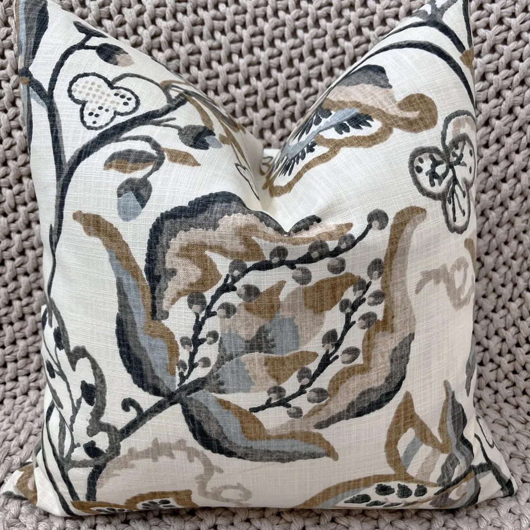 Sandstone and Blue Jacobean Floral Pillow Cover | Etsy (US)