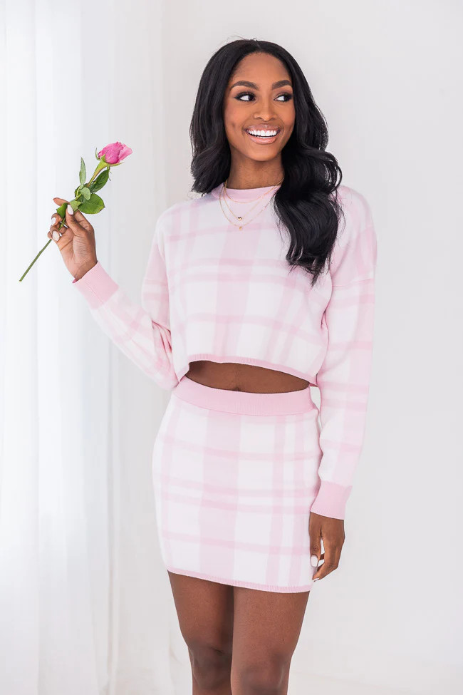 Better Days Pink/White Plaid Sweater Skirt | The Pink Lily Boutique