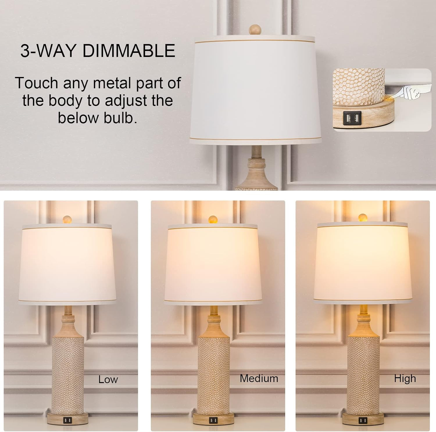 AIDENOEY 27.5" H 3-Way Dimmable Touch Control Table Lamp with Dual USB Ports, Set of 2, Vintage W... | Amazon (US)