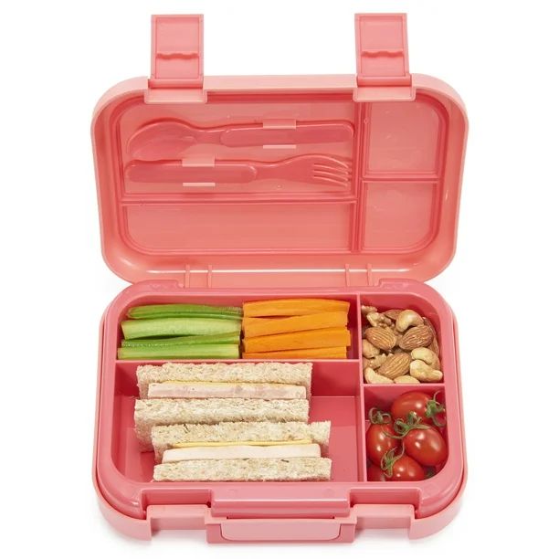 Your Zone Back to School Plastic Bento Box with 4 Compartments, 1 Fork and 1 Spoon, Pink - Walmar... | Walmart (US)