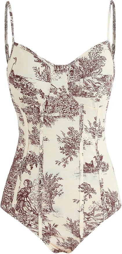 CIDER Bodysuits For Women Floral Square Neck Sleeveless Corset Spaghetti Strap Fitted Tops Vacati... | Amazon (US)