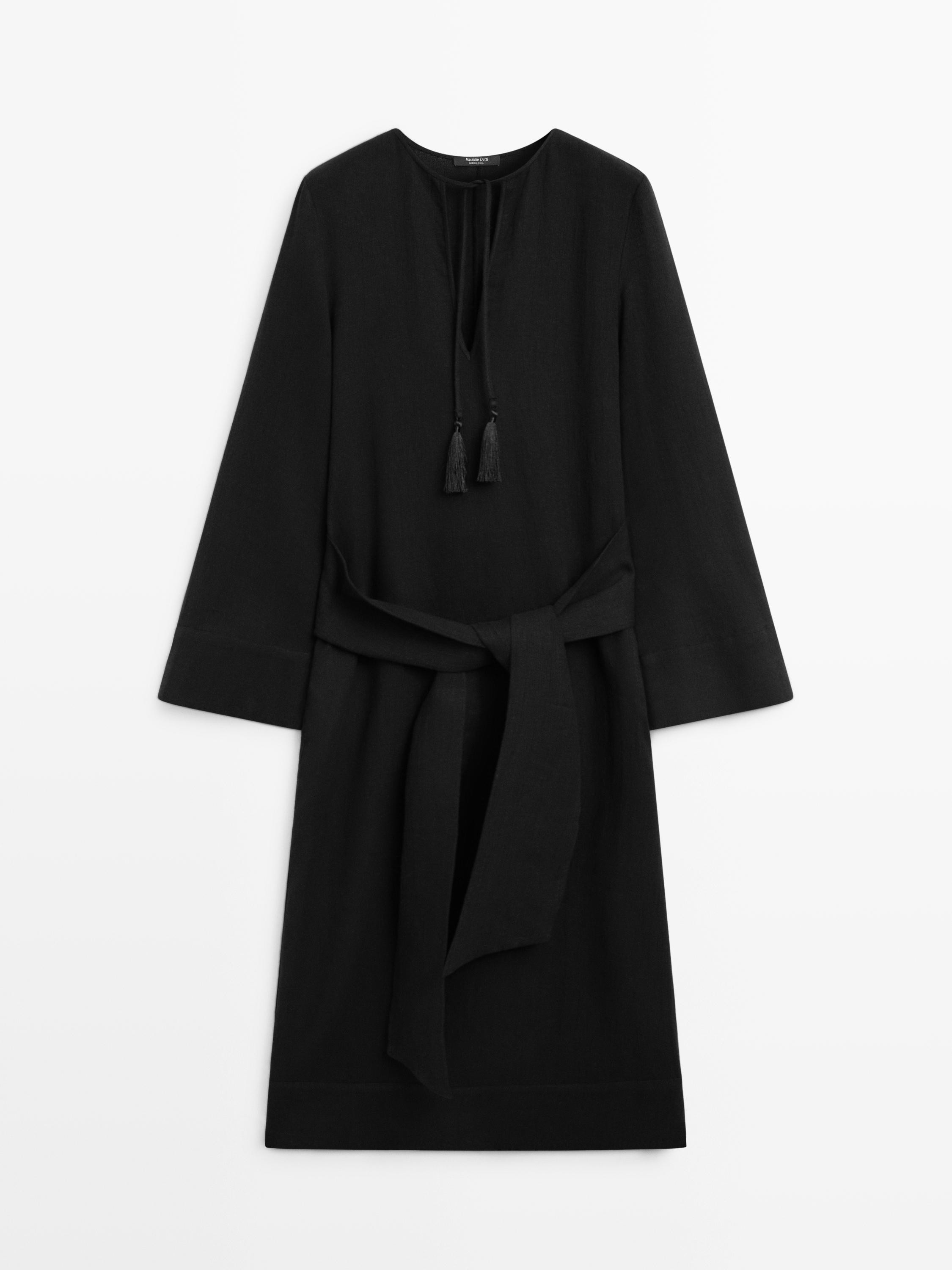 100% linen midi dress with tie detail | Massimo Dutti US