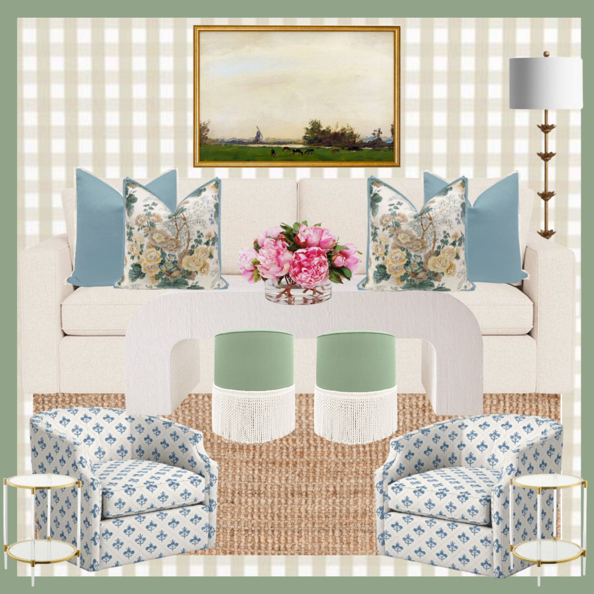 Grandmillennial design. Living room. Wallpaper. Framed art. Vintage style art. Floor lamp. Flower lamp. White sofa. Performance fabric. Throw pillows. Gloral pillows. Linen coffee table. Jute rug. Peony arrangement. Rounded ottomans. Swivel patterned chairs. Block print. Acyrlic and gold side table. Coffee table book. Framed botanicals. Etched crystal glasses. 

#LTKHoliday #LTKSeasonal #LTKHome