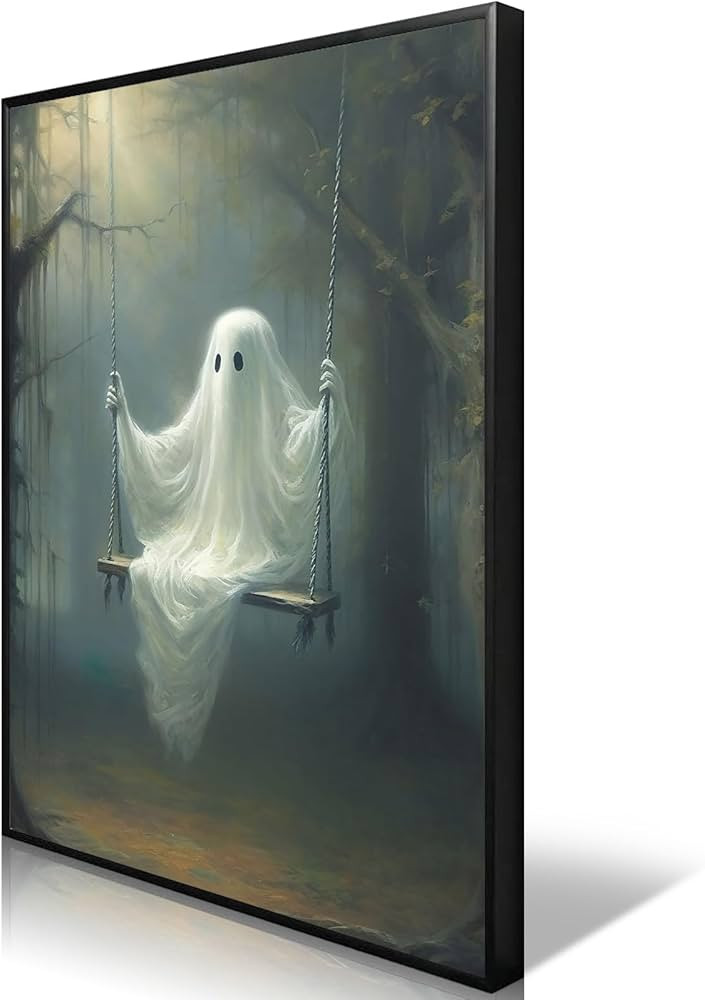 Nanxiwofee Vintage Cute Ghost Canvas Wall Art, Framed Funny Ghost on A Swing in The Forest Aesthe... | Amazon (US)