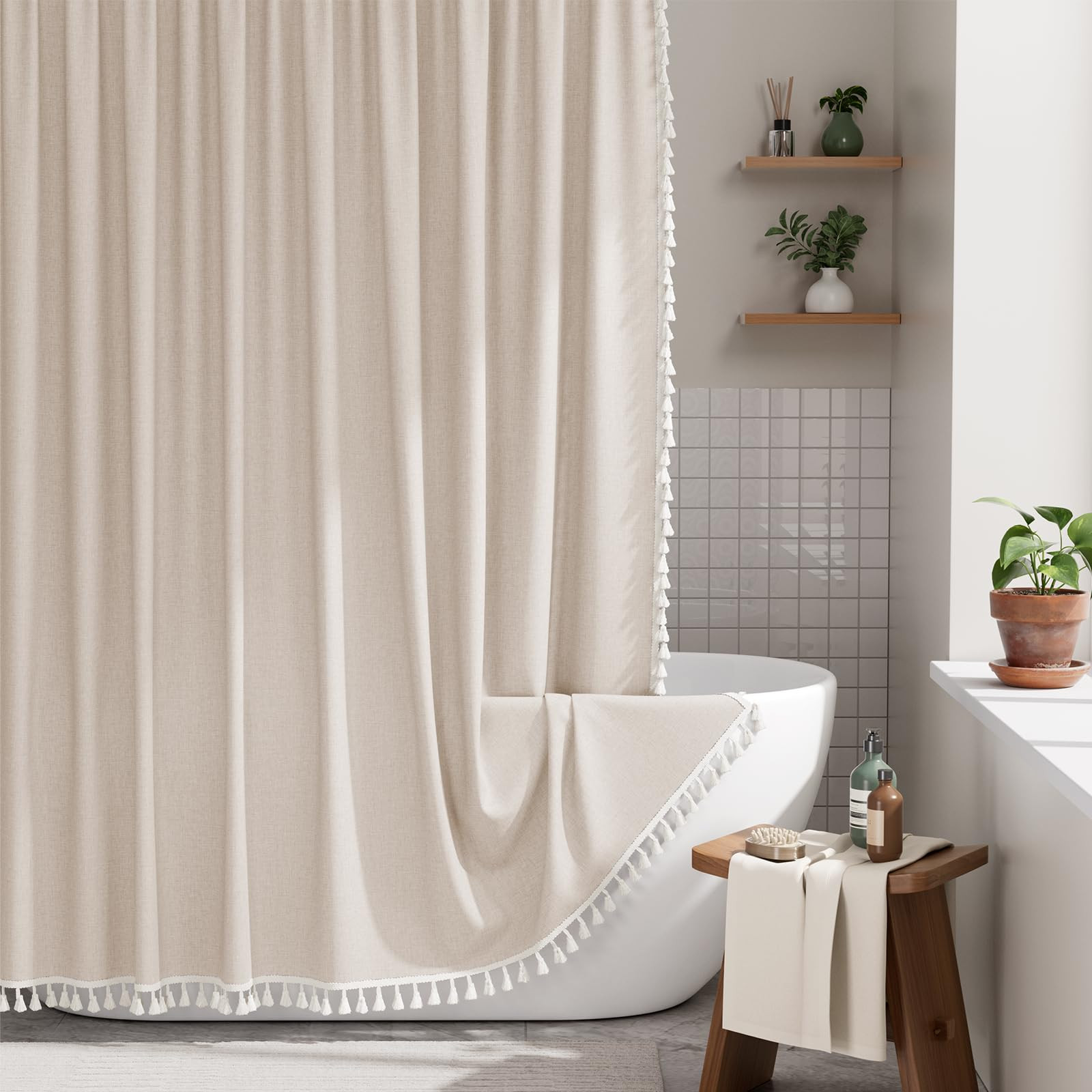 AmazerBath Boho Shower Curtain with Tassels, Beige Shower Curtains for Bathroom, Farmhouse Shower... | Amazon (US)