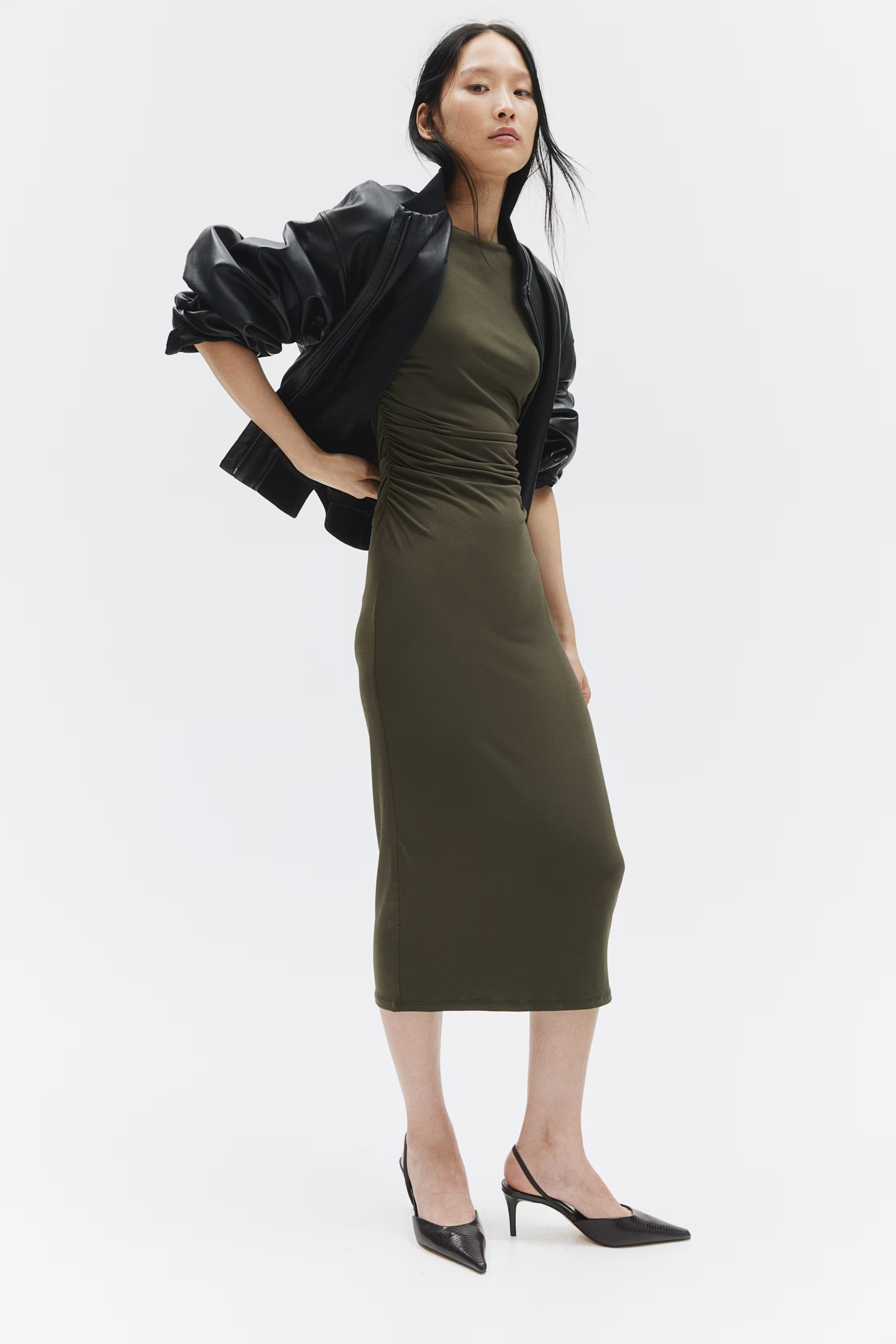 Cap-sleeved Dress - Boat Neck - Sleeveless - Dark khaki green - Ladies | H&M US | H&M (US + CA)