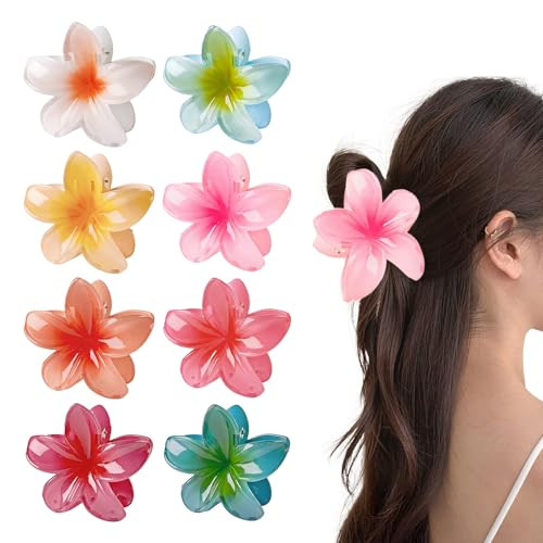 Hawaiian Plumeria Flower Hair Claw Clips, 2024 Summer Preppy Flower Hair Clip Plumeria Claw Clips for Thin Hair, Women Flower Hair Clips Large Plumeria Clips Hair Accessories (8, Set B) | Amazon (US)
