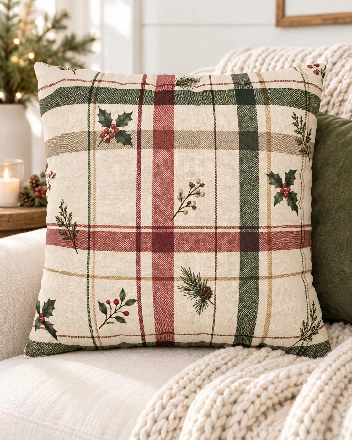Christmas Plaid Pillow Cover, Holly Berry Holiday Throw Pillow, Red Green Tartan Farmhouse Christmas Decor, Winter Cushion Cover | Etsy (Global)