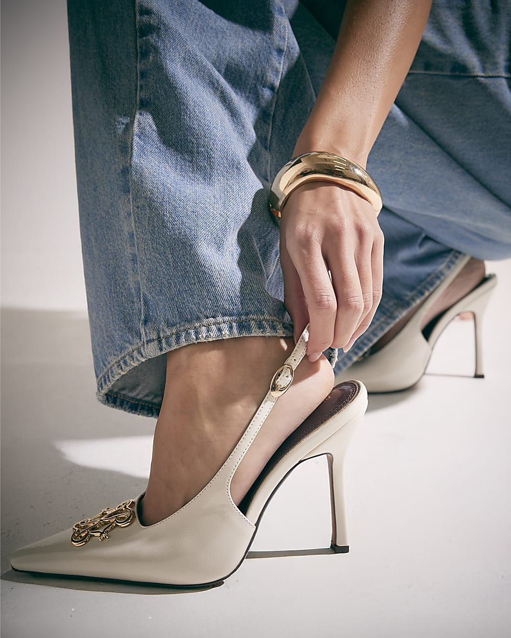 Cream Logo Slingback Court Heels | River Island UK & IE