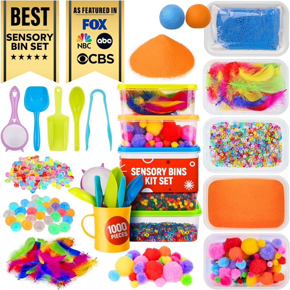Sensory Kit for Toddlers and Kids - Includes 5 Bins with Lids, Play Tools, Sand, Feathers, Clay, ... | Amazon (US)