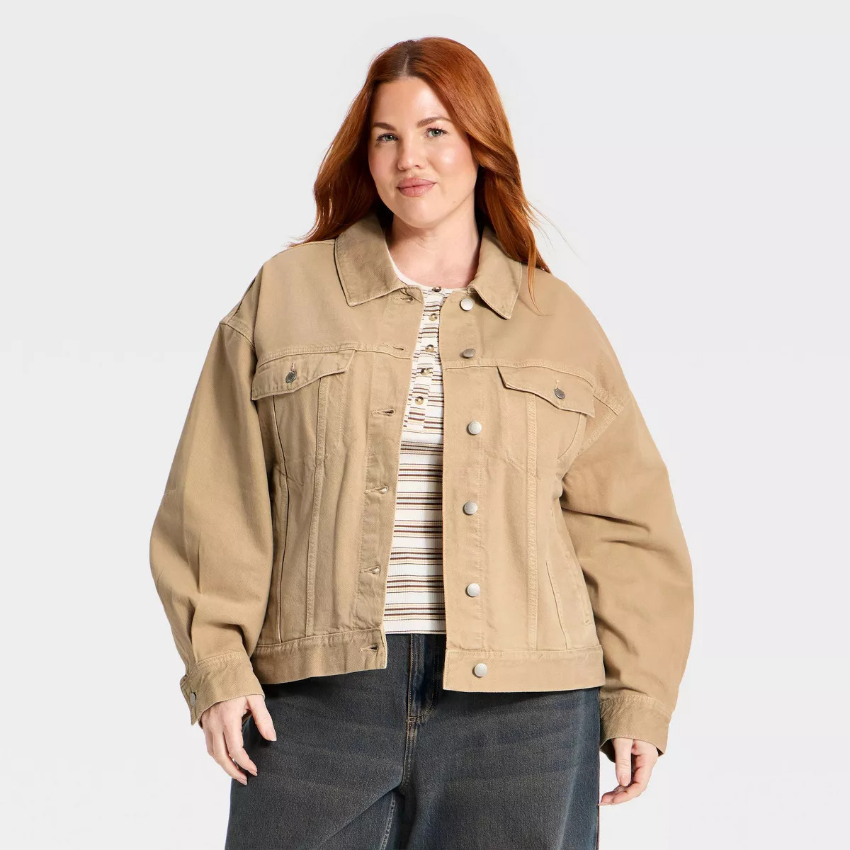 Women's Relaxed Denim Trucker Jacket - Universal Thread™ Khaki 1X | Target