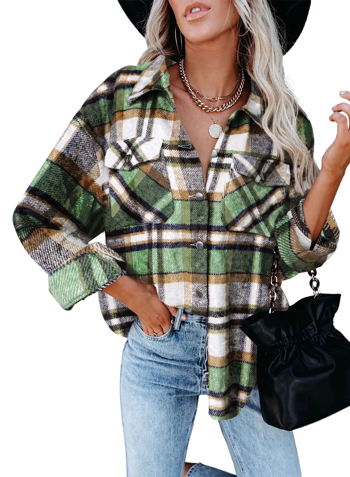 Dokotoo Women's Green Classic Plaid Button Down Shirt Jacket for Women Long Sleeve Oversized Shir... | Walmart (US)