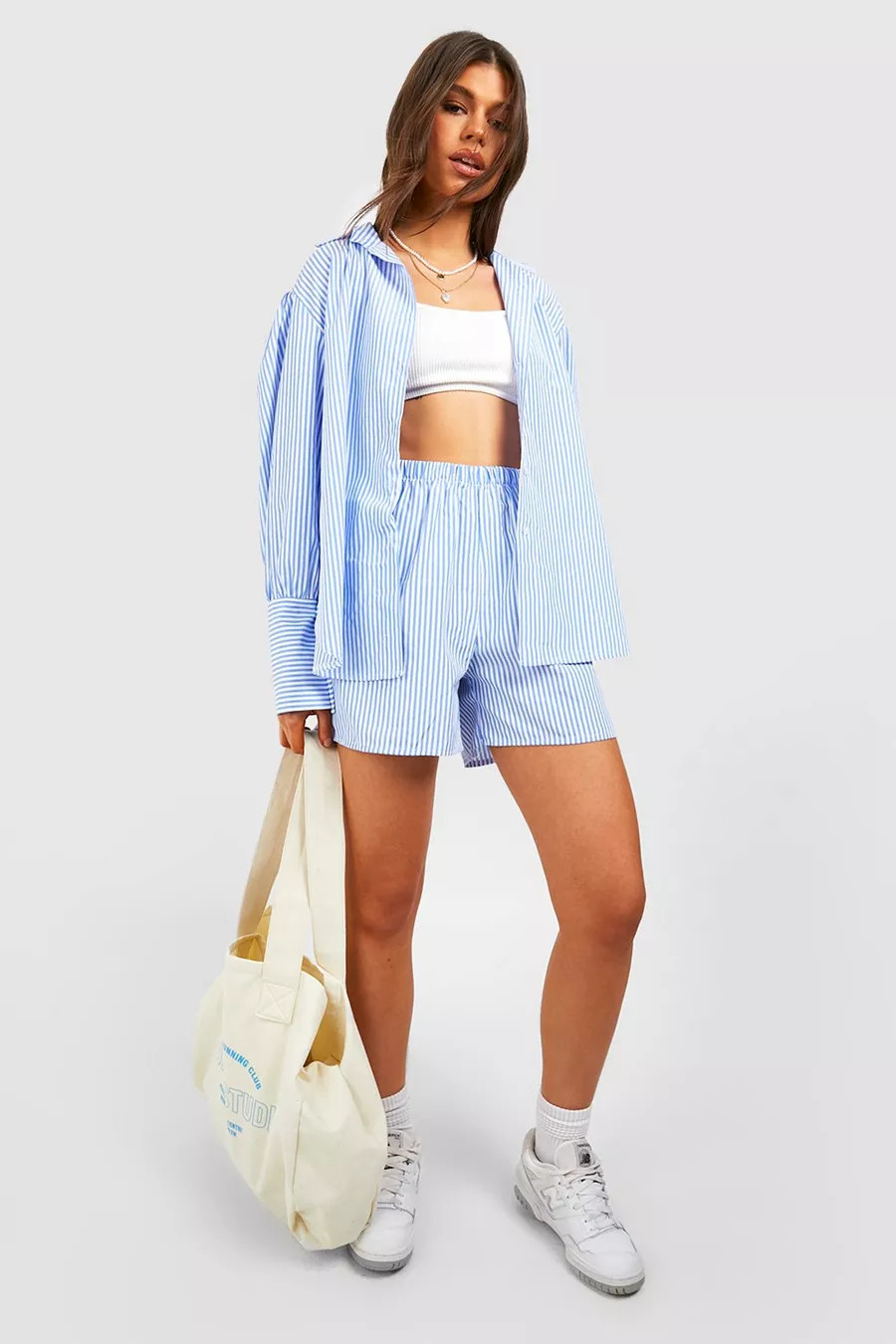 Poplin Stripe Balloon Sleeve Relaxed Fit Shirt & Shorts | Boohoo.com (UK & IE)