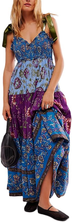 Yuemengxuan Women Summer Boho Dress Flowy Sundress Floral Printing Sleeveless Tie Shoulder Maxi D... | Amazon (US)