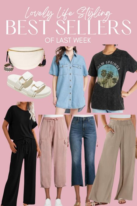 Last week’s best sellers
Walmart cargo pants
Walmart crop flare jeans 
Amazon wide leg linen pants 
Amazon lounge set 
Walmart graphic tee
Target denim dress
Target sandals


#LTKfindsunder50 #LTKstyletip