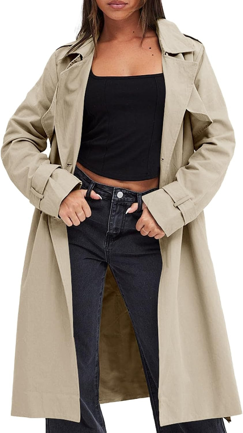 Fisoew Womens Double Breasted Trench Coats Long Lapel Overcoat With Belt | Amazon (US)