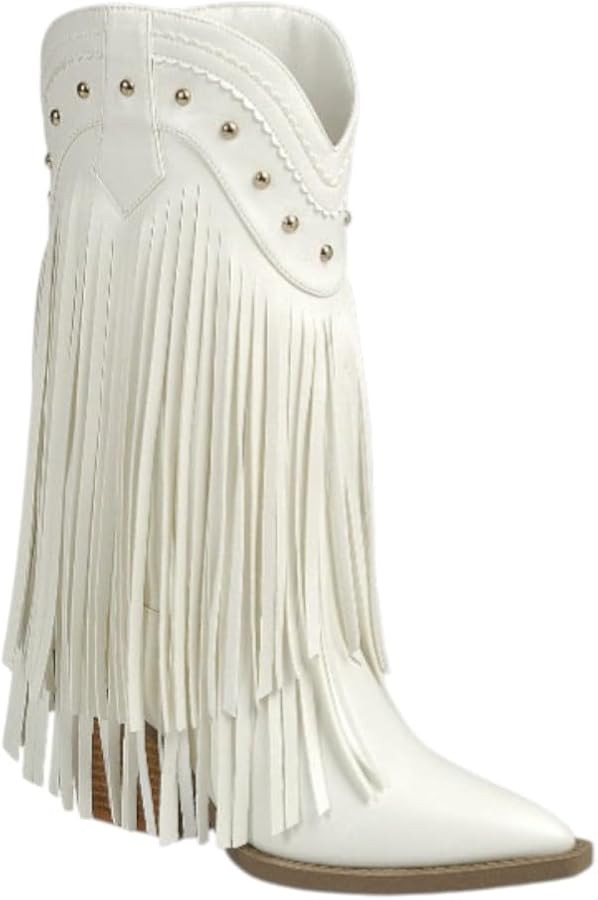 Women's Pointed Toe Chunky Heel Cowboy Western Fringe Boots | Amazon (US)
