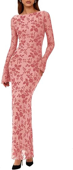 PRETTYGARDEN Women's Floral Bodycon Maxi Dress 2026 Spring Elegant Mesh Long Sleeve Formal Weddin... | Amazon (US)