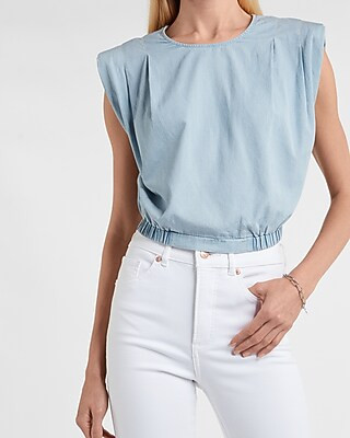 Denim Cropped Padded Shoulder Top | Express