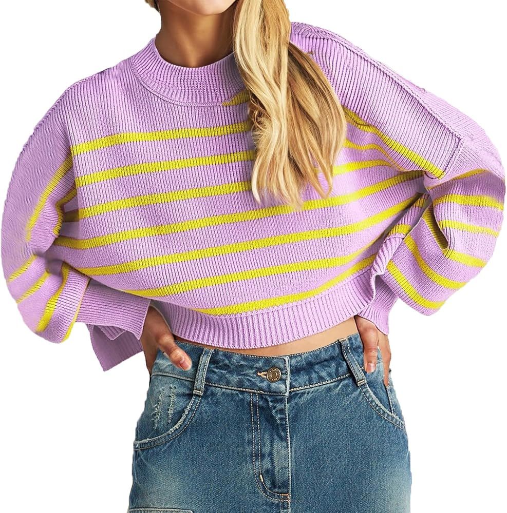 Women's Casual Cropped Pullover Sweater Crew Neck Striped Knit Sweaters for Streetwear | Amazon (US)