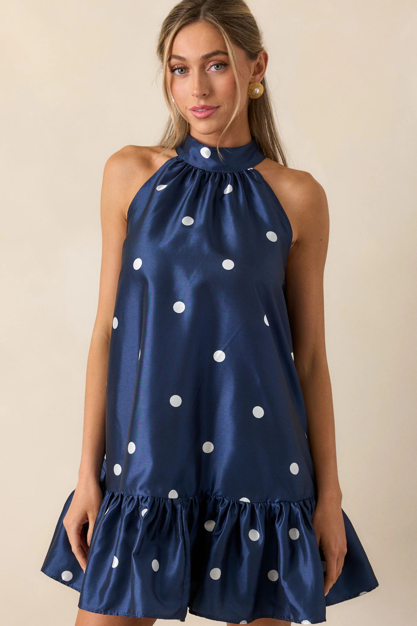 Sweet Soirée Navy Halter Polka Dot Mini Dress | Red Dress