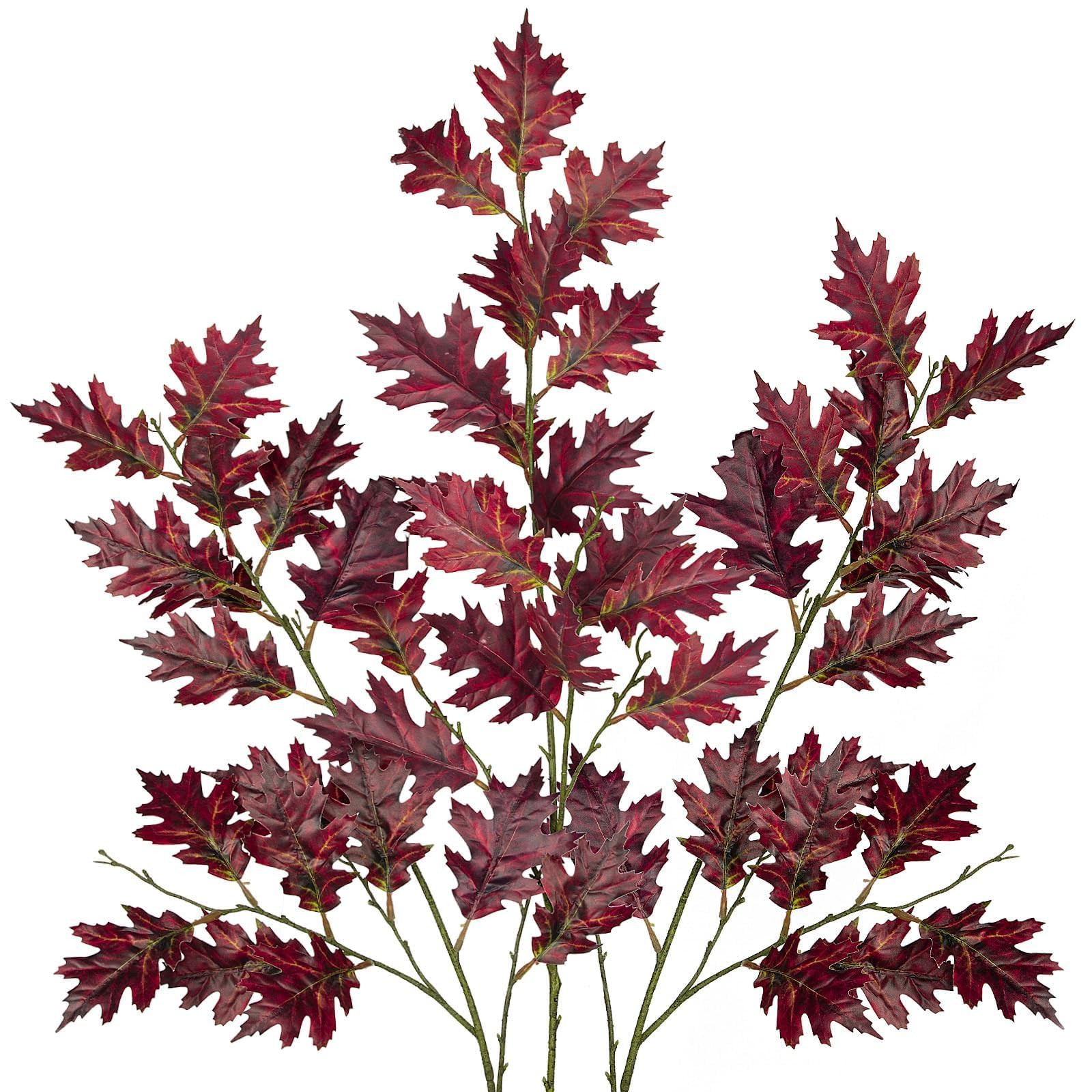 Artificial Fall Oak Leaves Stems 43.3" Fake Autumn Foliage Branches 3Pcs Faux Long Stems for Home Kitchen Farmhouse Vase Thanksgiving Table Centerpieces Party Decor (Red) | Amazon (US)