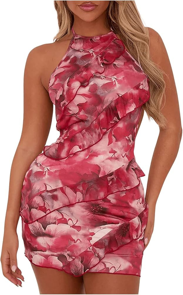 Milumia Women's Floral Ruffle Trim Bodycon Mini Dress Tie Backless Halter Short Dresses | Amazon (US)
