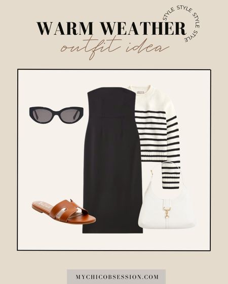 Need warm weather outfit ideas? Try a strapless black dress, with a striped sweater tied over your shoulders for when the evening cools down. Add leather sandals, white shoulder bag, and classic sunglasses to finish the look. 

#LTKstyletip #LTKSeasonal