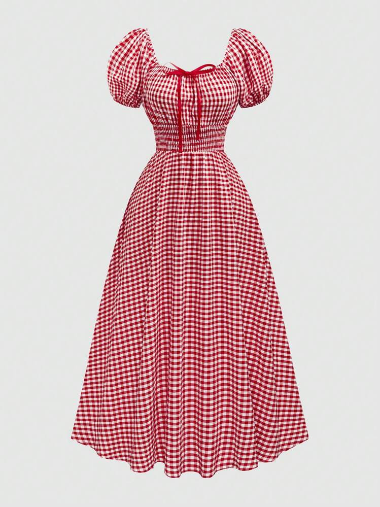 Sweetra Plus Size Summer Casual Plaid Cinched Waist Puff Sleeve Midi Dress | SHEIN