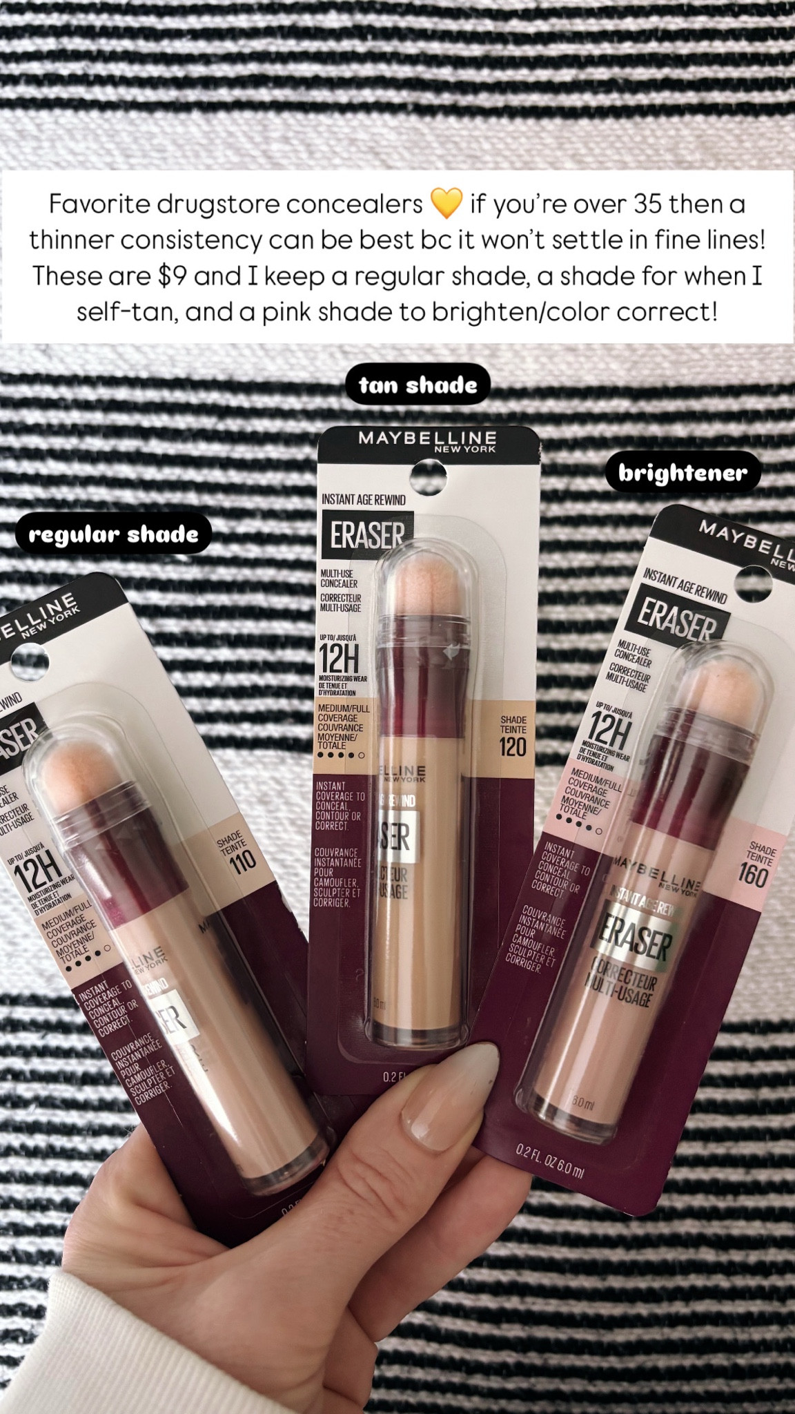 Favorite drugstore or budget concealers 💄 if you’re over 35 these are much thinner and don’t settle into fine lines! Super affordable at $9 each - I keep a shade for non-tan skin, self-tanned skin and pink for brightening ✨

As a fair to light gal I use:
Shade 110 for non-tan skin
Shade 120 for self-tanned skin
Shade 160 for brightening

Drugstore beauty, affordable beauty, favorite concealer, drugstore concealer, budget beauty, budget concealer, affordable makeup, affordable beauty, affordable concealer, viral concealer, target beauty, beauty must haves, viral beauty 

#LTKBeauty #LTKFindsUnder100 #LTKFindsUnder50