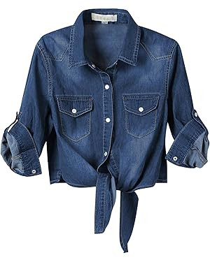 Omoone Women's 3/4 Sleeve Modern Denim Crop Top Tie Knot Shirt Cardigan | Amazon (US)