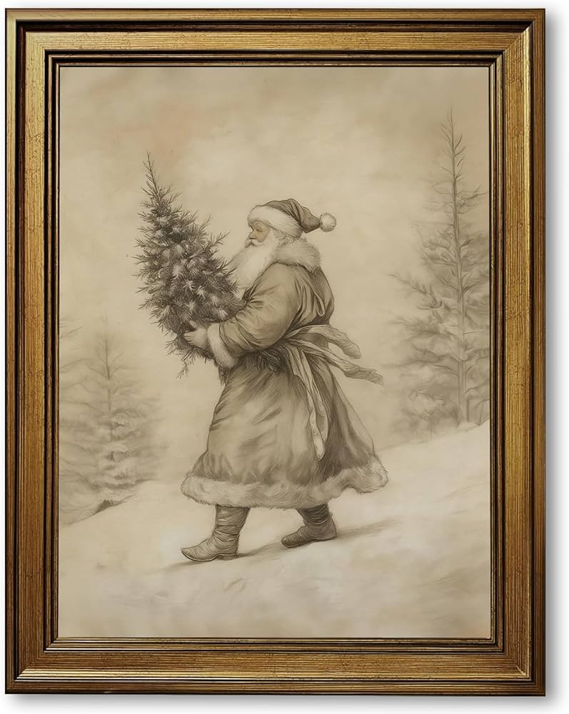 Yermidi Vintage Christmas Wall Art Neutral Sketch Santa Claus Holding Tree Poster Farmhouse Chris... | Amazon (US)