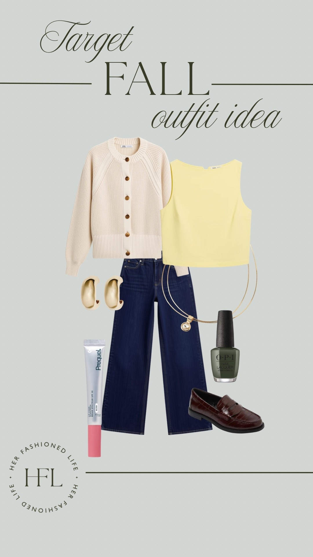 Target fall outfit idea!  -dark wash wide leg jeans -butter yellow top -white chunky cardigan -brown loafers -spf lip gloss -chunky hoop earrings￼

#LTKootd #LTKOver40 #LTKgrwm