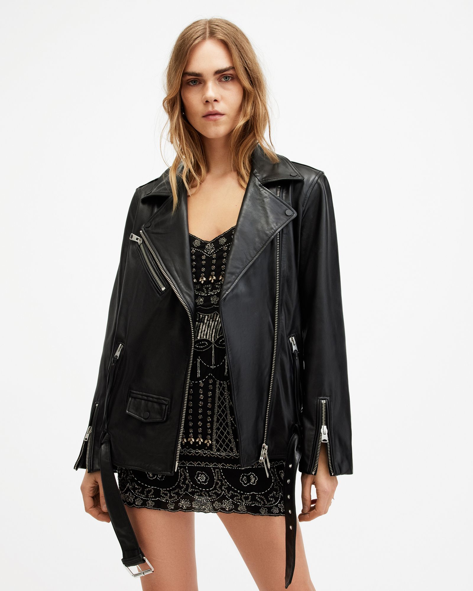Billie Oversized Leather Biker Jacket Black | ALLSAINTS | AllSaints UK